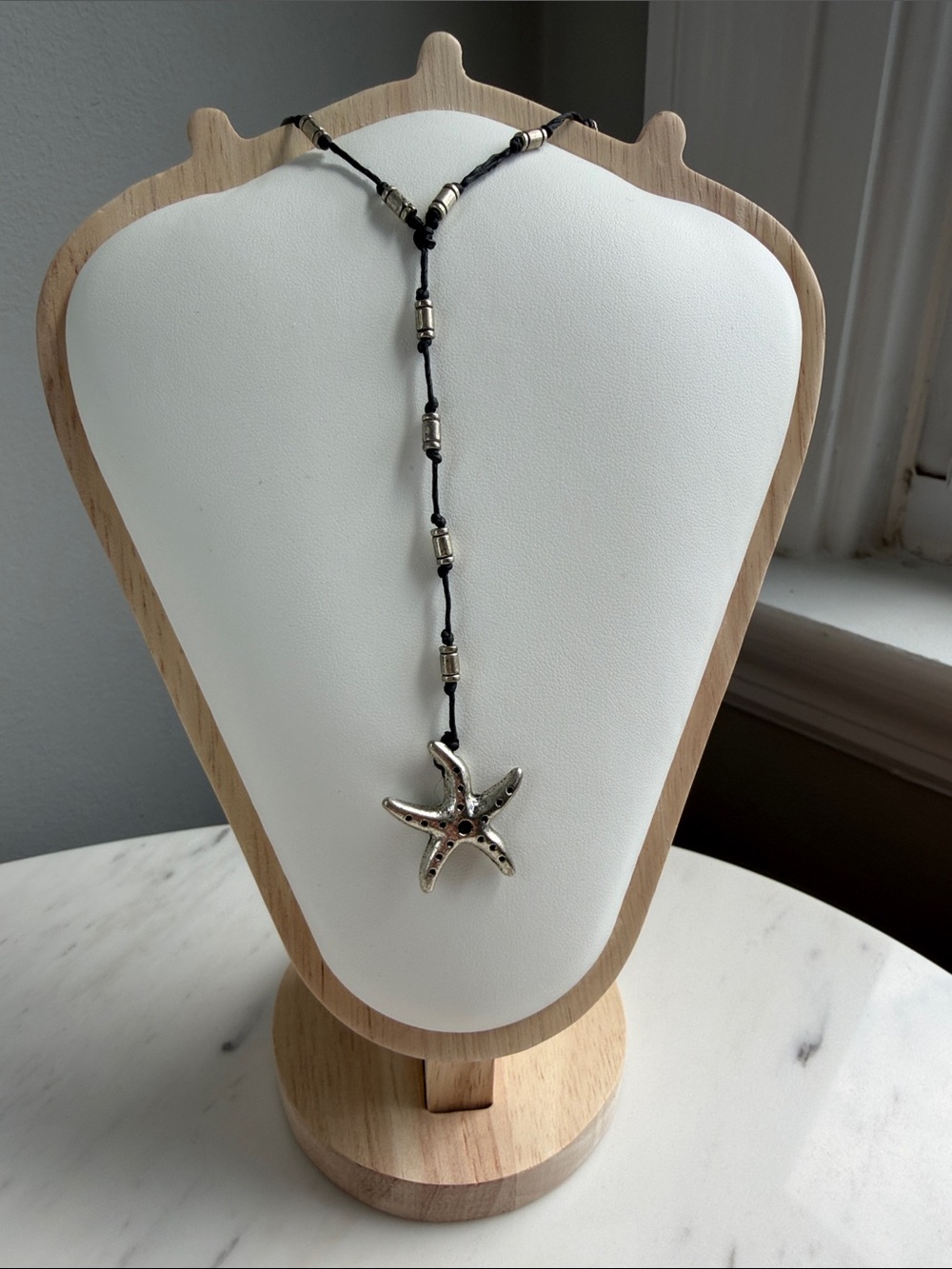 Coastal Starfish Pendant Necklace with beaded Black cord-Boho, mermaidcore